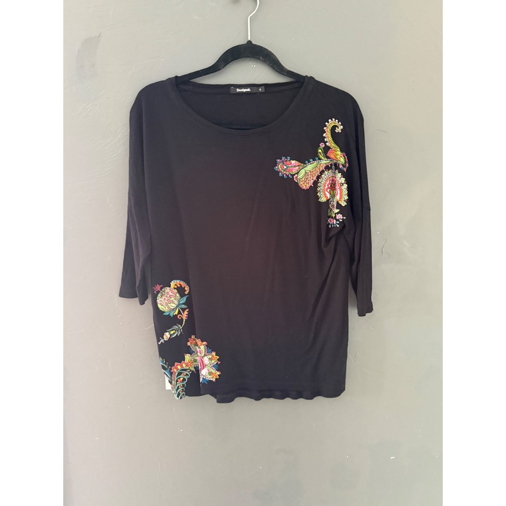 Desigual Womens Black Embroidered Paisley Floral 3/4 Sleeve Scoop Neck Top S